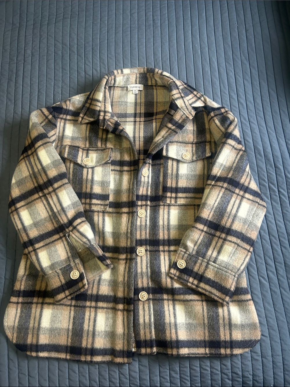 Evereve Beige and Navy Plaid  Shacket